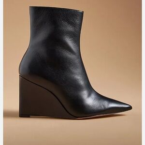 Anthropologie Black Leather Short Wedge Boots